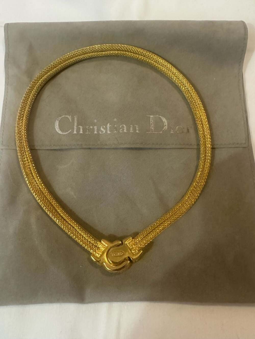Vintage Christian Dior Gold Tone Mesh Choker Necklace with Rhinestone Centerpiec - Picture 2 of 7